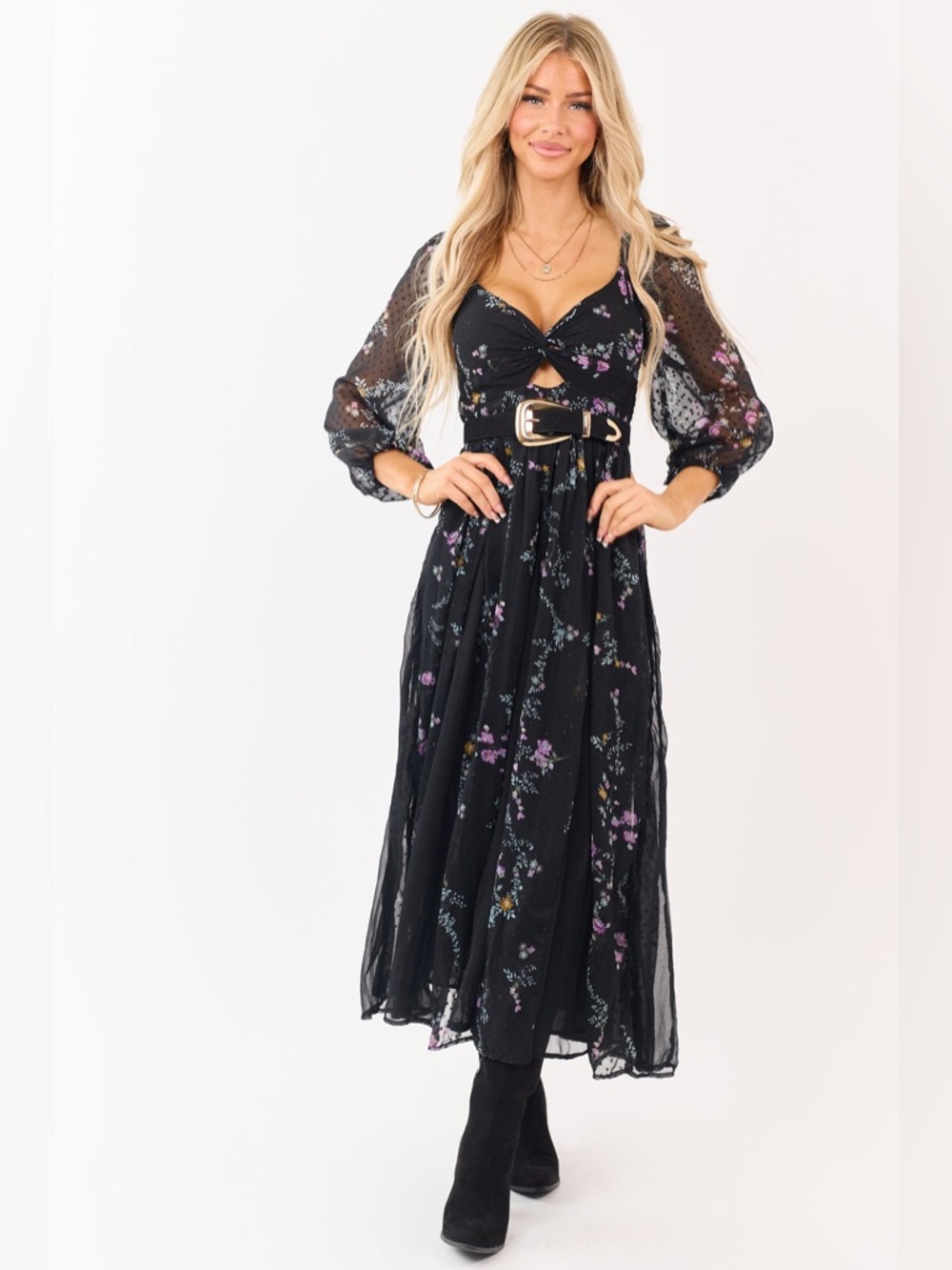 NWT Angie Clothing Boho Floral Swiss Dot Maxi Dress - Picture 7 of 8